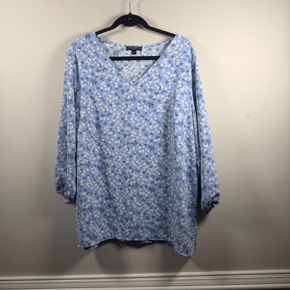 Mario Serrani Italy Blouse Womens XL Blue Modern Floral V-Neck Elastic Cuff Top